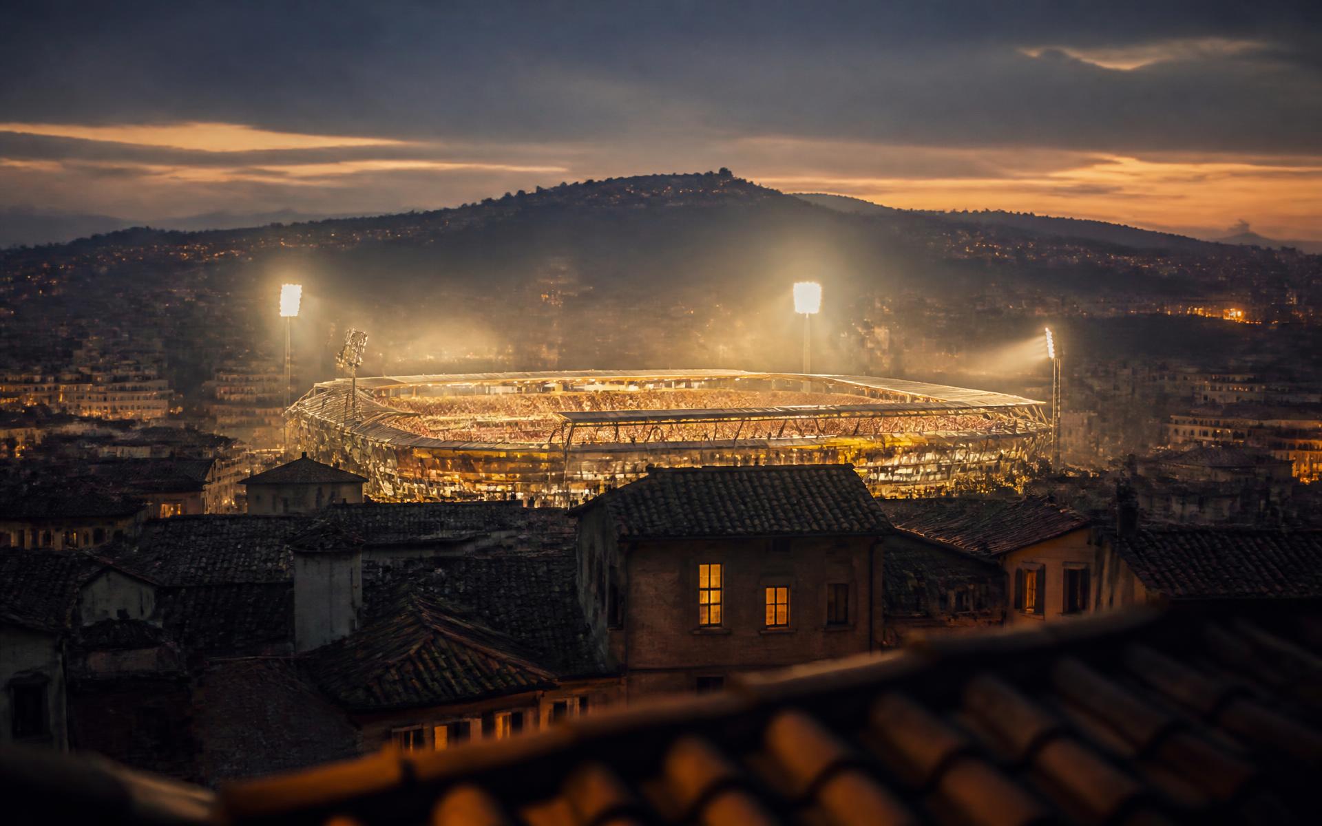 A floodlit stadium glowing at dusk above the rooftops of an old European city